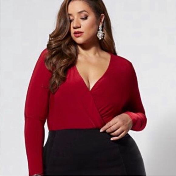Fashion to Figure FTF Faux Wrap Bodysuit Red Top Sz 0X NWT Deep Plunge V neck - Picture 1 of 9